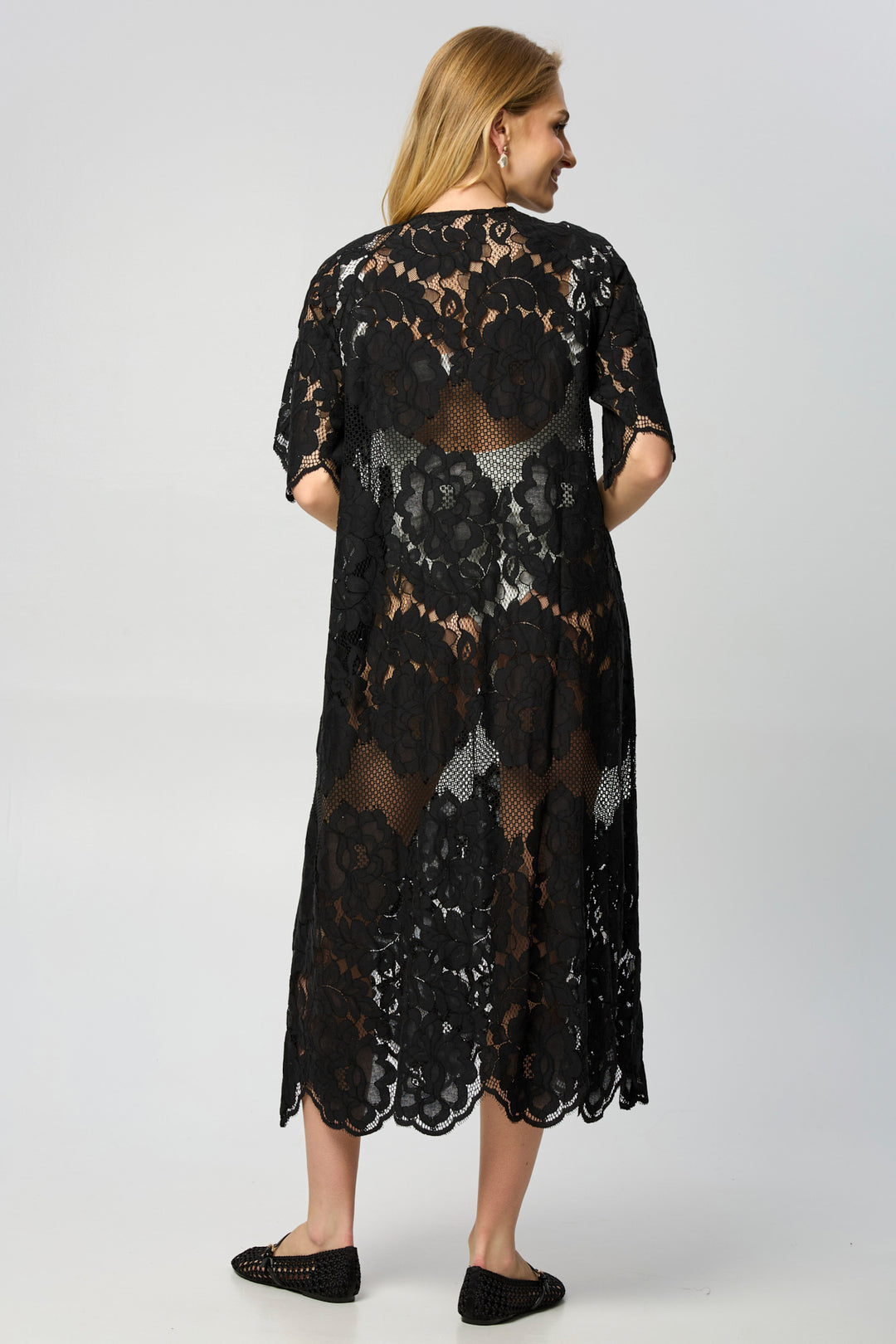 cashmere kaftan silk and lace dress Short kimono with raglan sleeves - Black and Sparkling Black Sophia lace