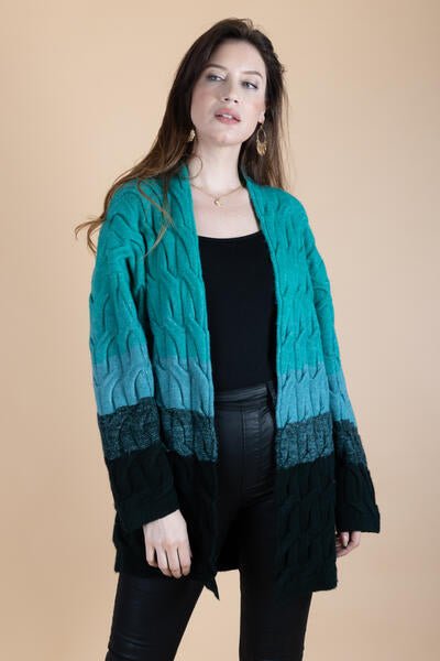 Cable Knit Color Block Cardigan - SAACHI - Medium Turquoise - Cardigan