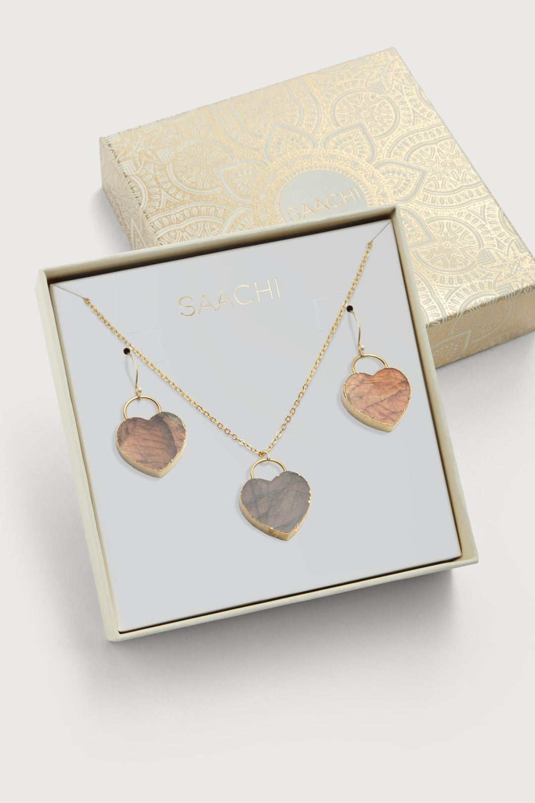 Natural Stone Heart Earrings And Necklace Set Bisque