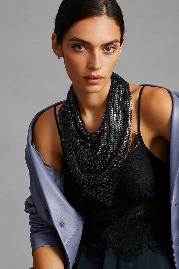 Cowl Neck Chainmail Top Scarf Black