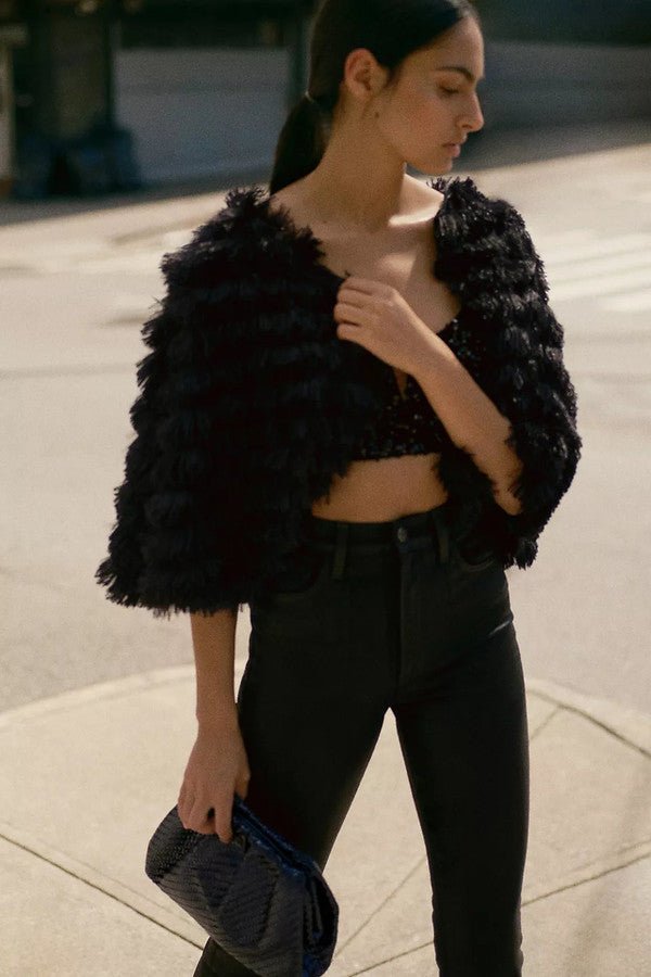 Faux Fur Tasseled Capelet Black