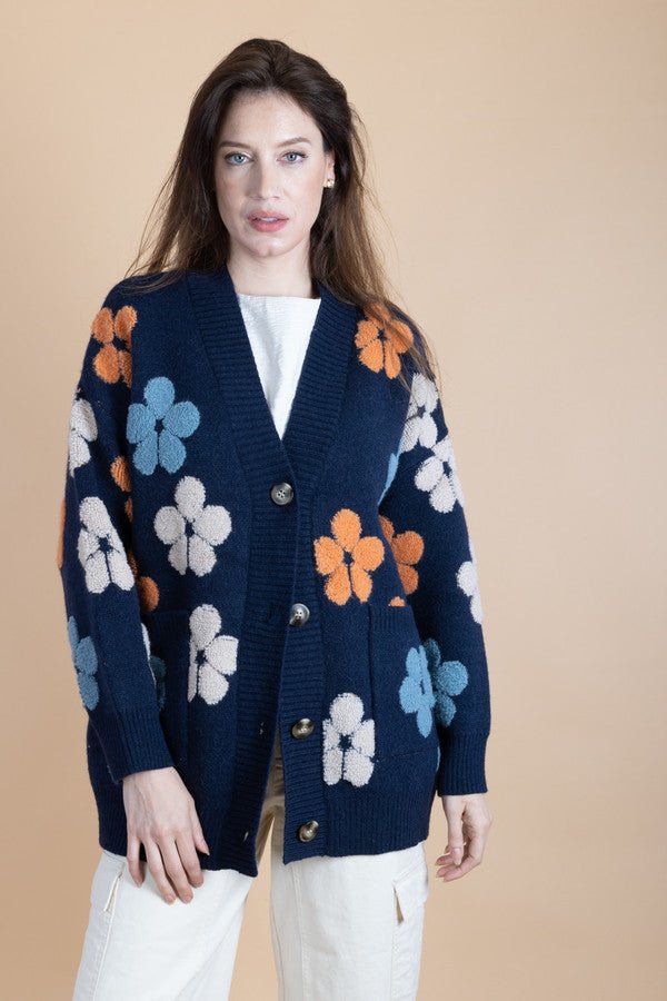 Autumn Floral Knit Cardigan - SAACHI - Navy - Kimono