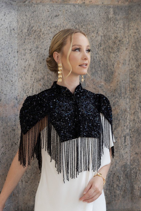 Rosette Embellished Velvet Fringed Capelet Black