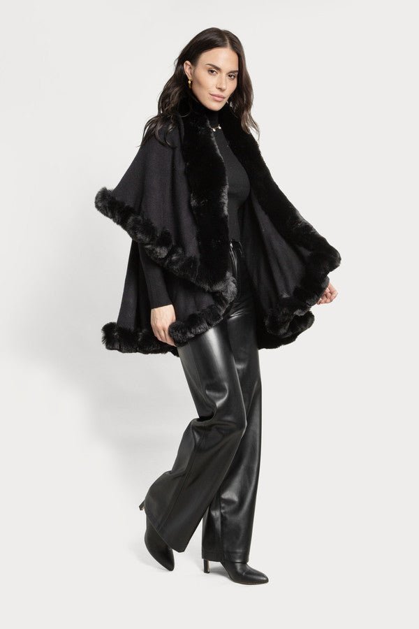 Layered Faux Fur Cape Kimono Black