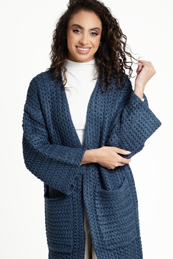 Long Sleeve Kimono Cable Knit Cardigan Steel Blue