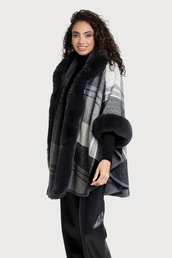 Blair Faux Fur Plaid Kimono Black