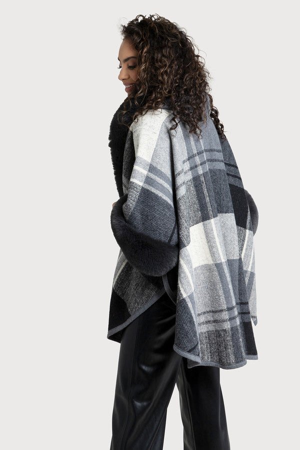 Blair Faux Fur Plaid Kimono Black