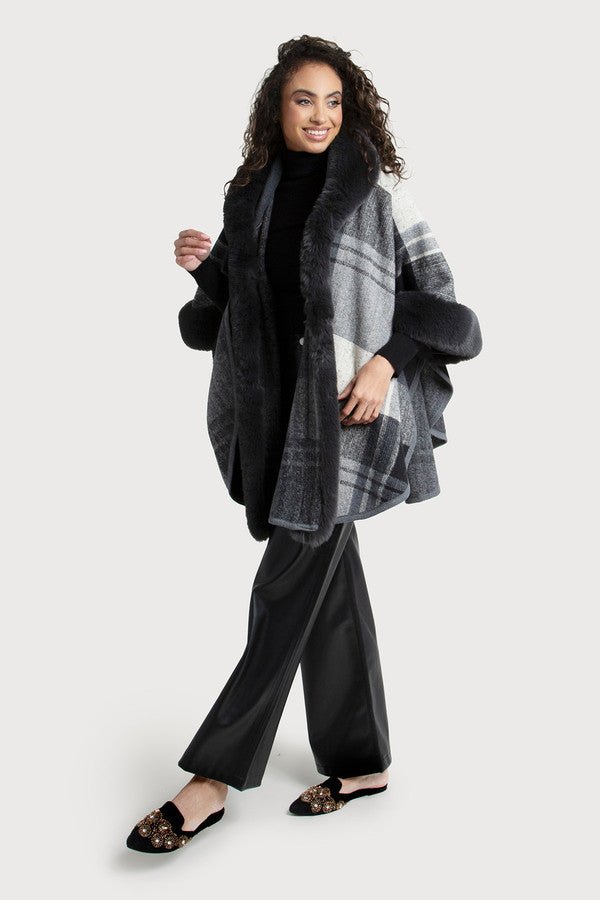 Blair Faux Fur Plaid Kimono Black