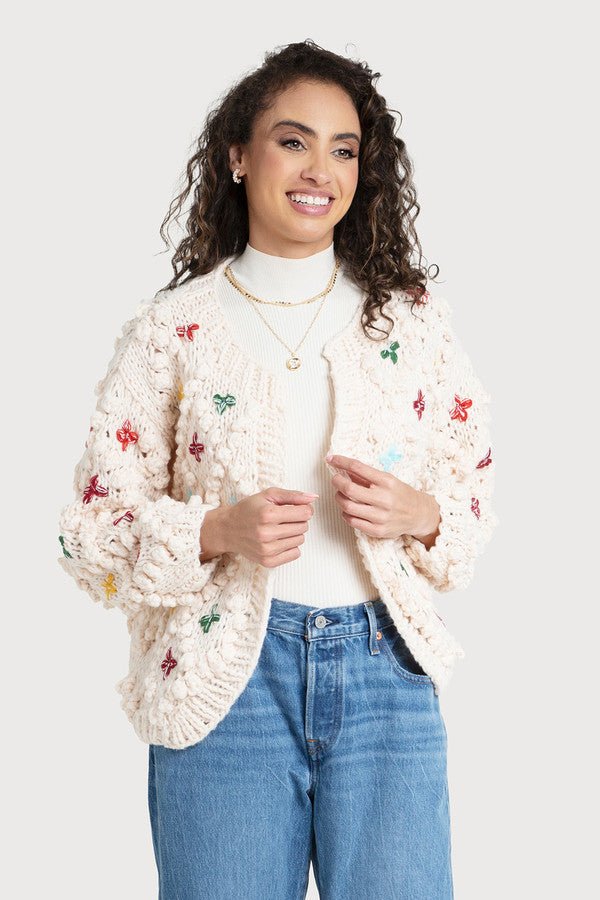 Pom Pom Knitted Cross Cardigan Ivory