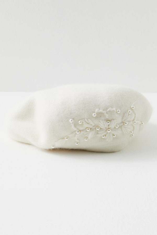 Pearl Embellished Floral Beret Ivory