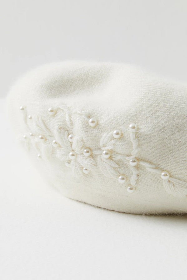 Pearl Embellished Floral Beret Ivory