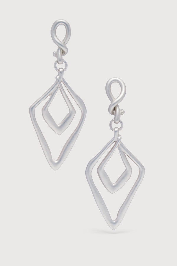 Abstract Double Diamond Open Frame Dangle Earrings Silver