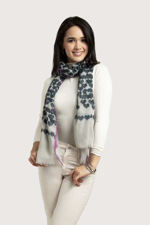 Wool Silk Heart Striped Scarf White