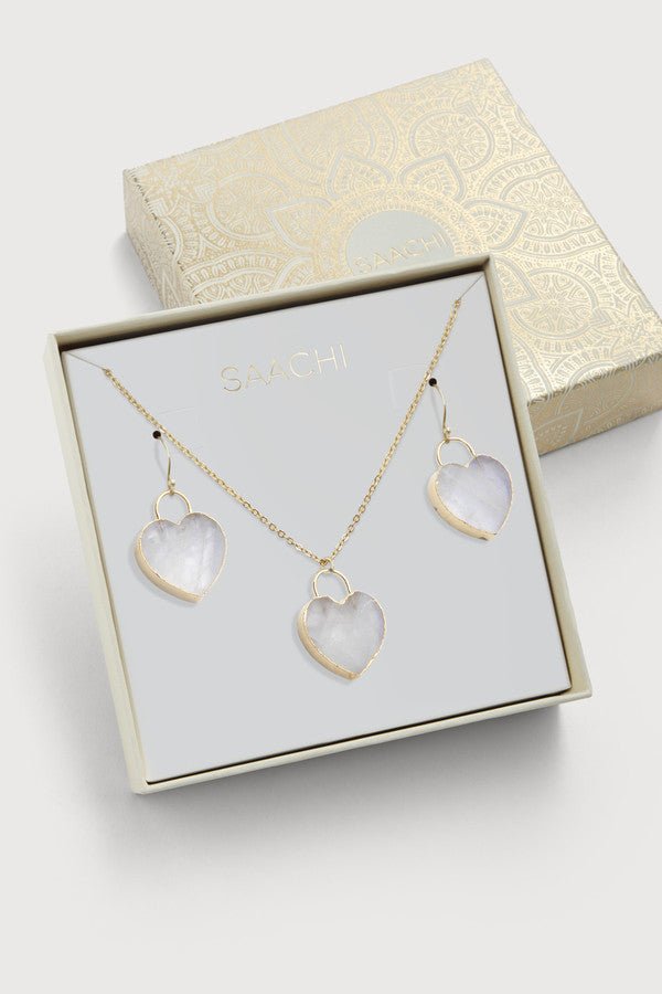 Natural Stone Heart Earrings And Necklace Set White