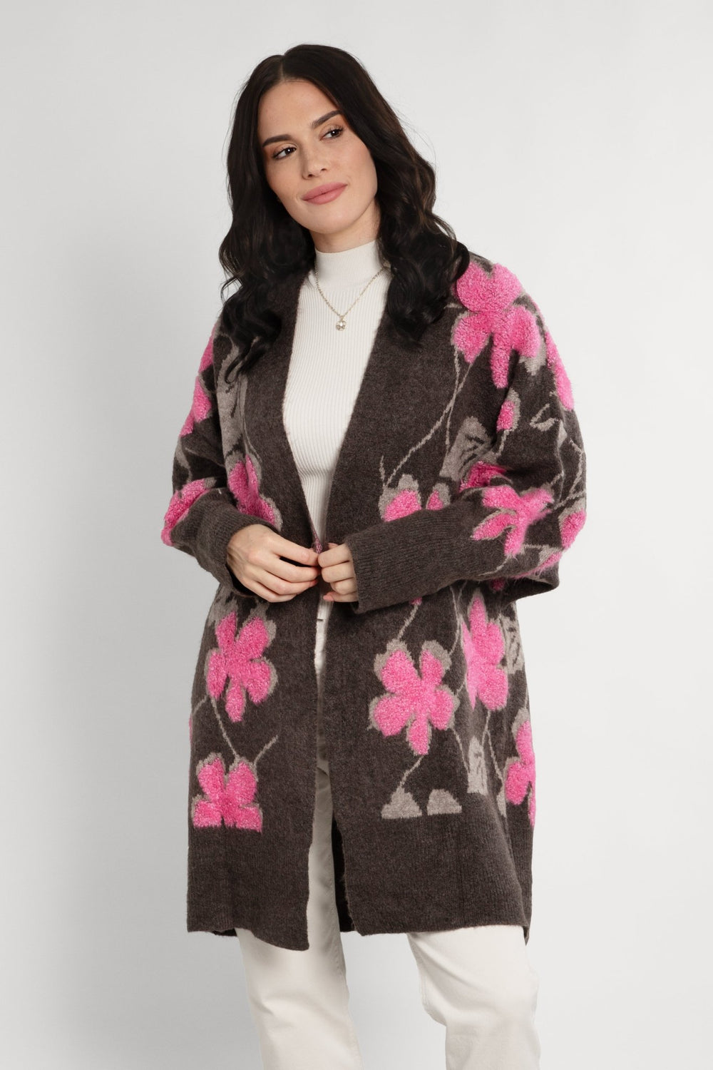 Floral Knitted Cardigan Dim Gray