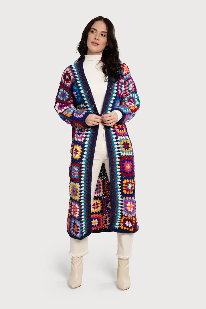 Woolen Granny Square Crochet Kimono Navy