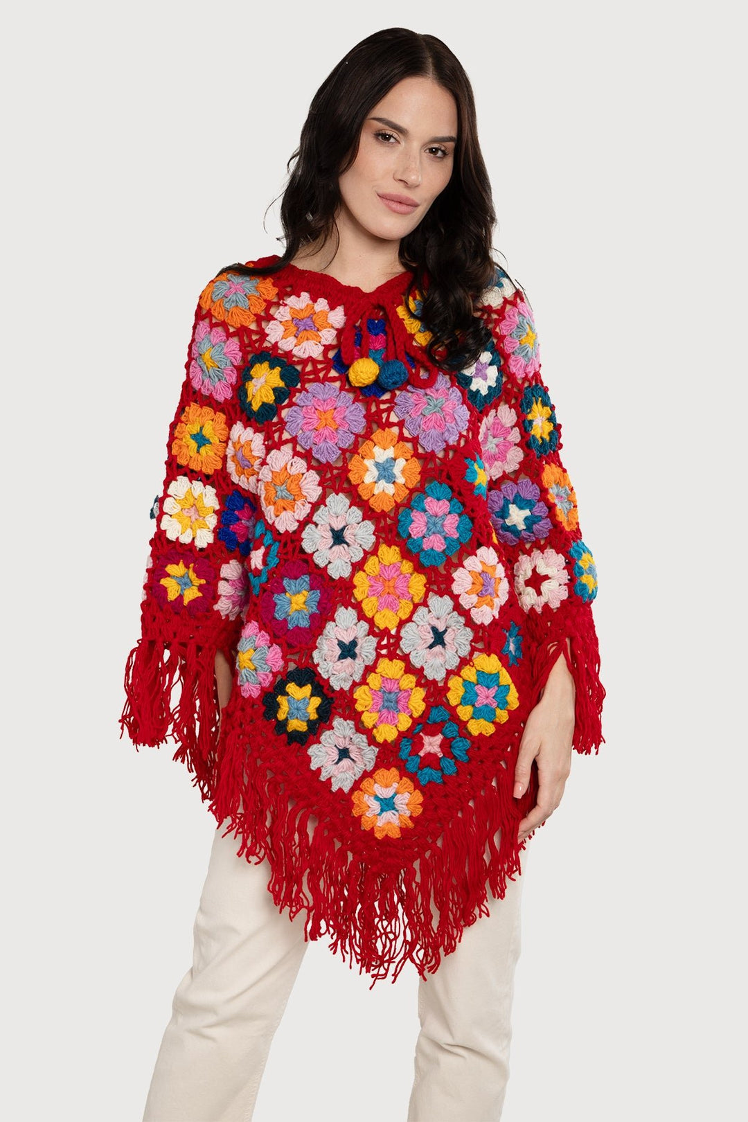 Granny Fringe Crochet Poncho Red