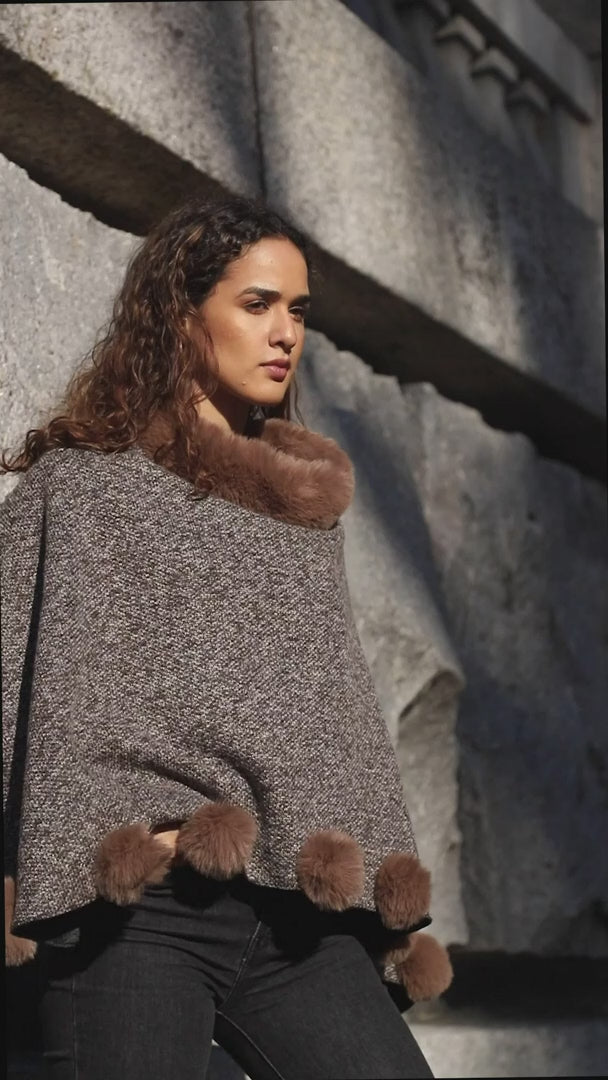 Posey Fur Pompom Poncho Brown