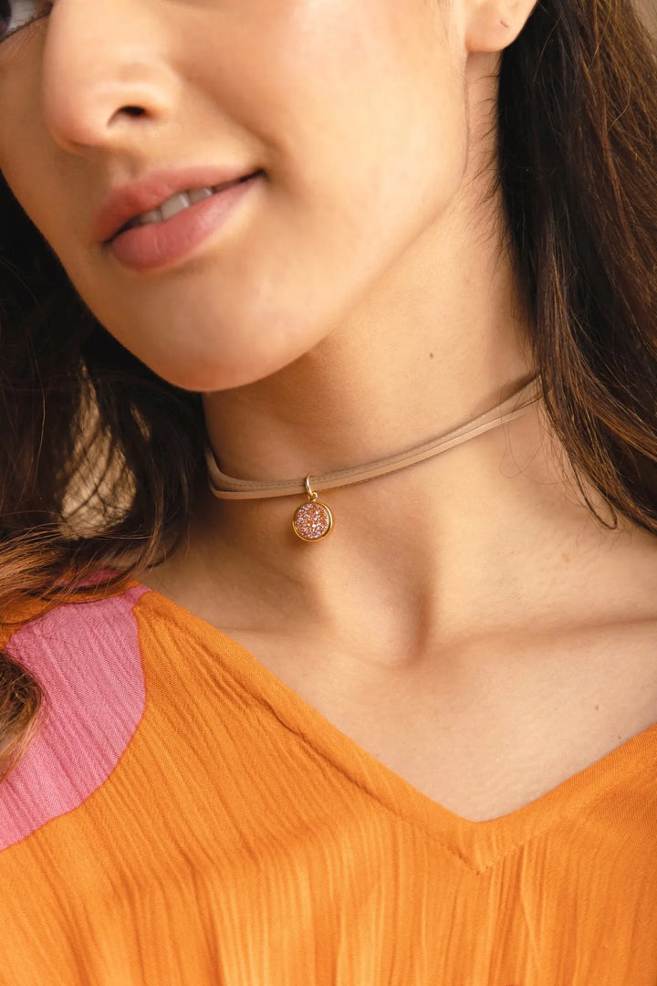 Druzy Leather Layered Choker Linen