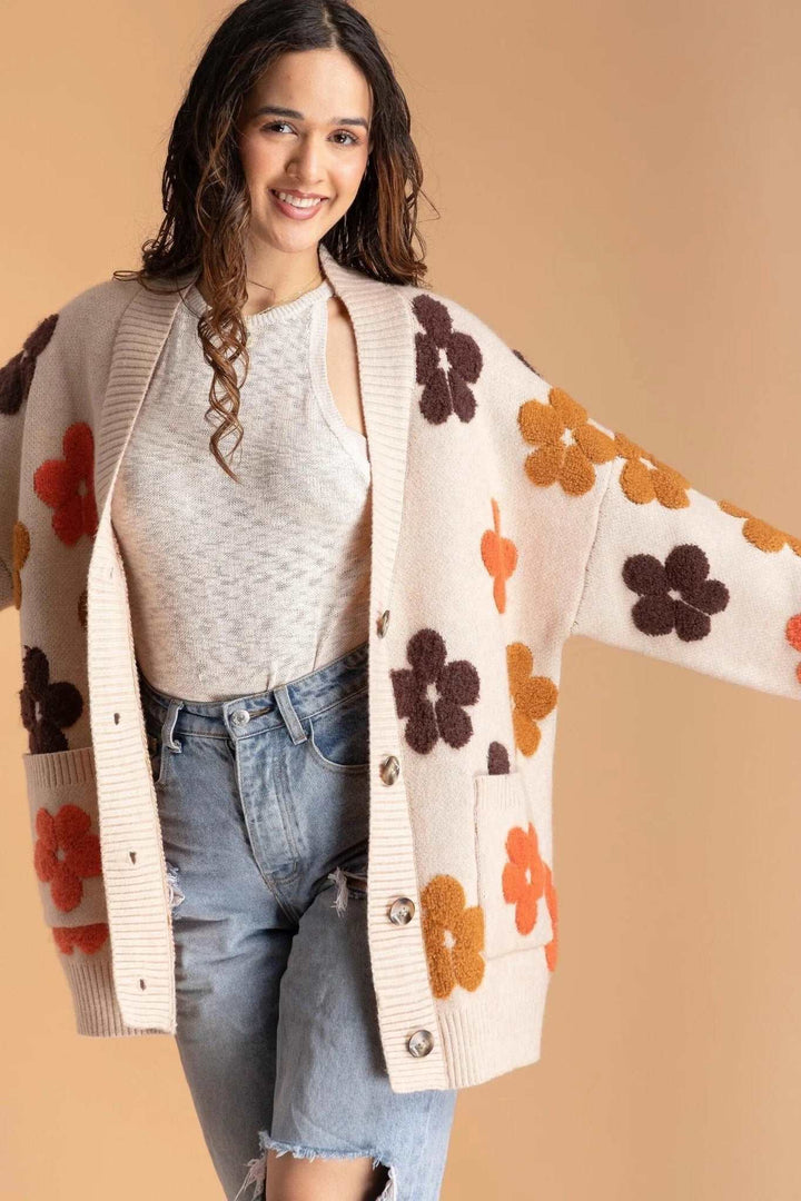 Autumn Floral Knit Cardigan - SAACHI - Beige - Kimono