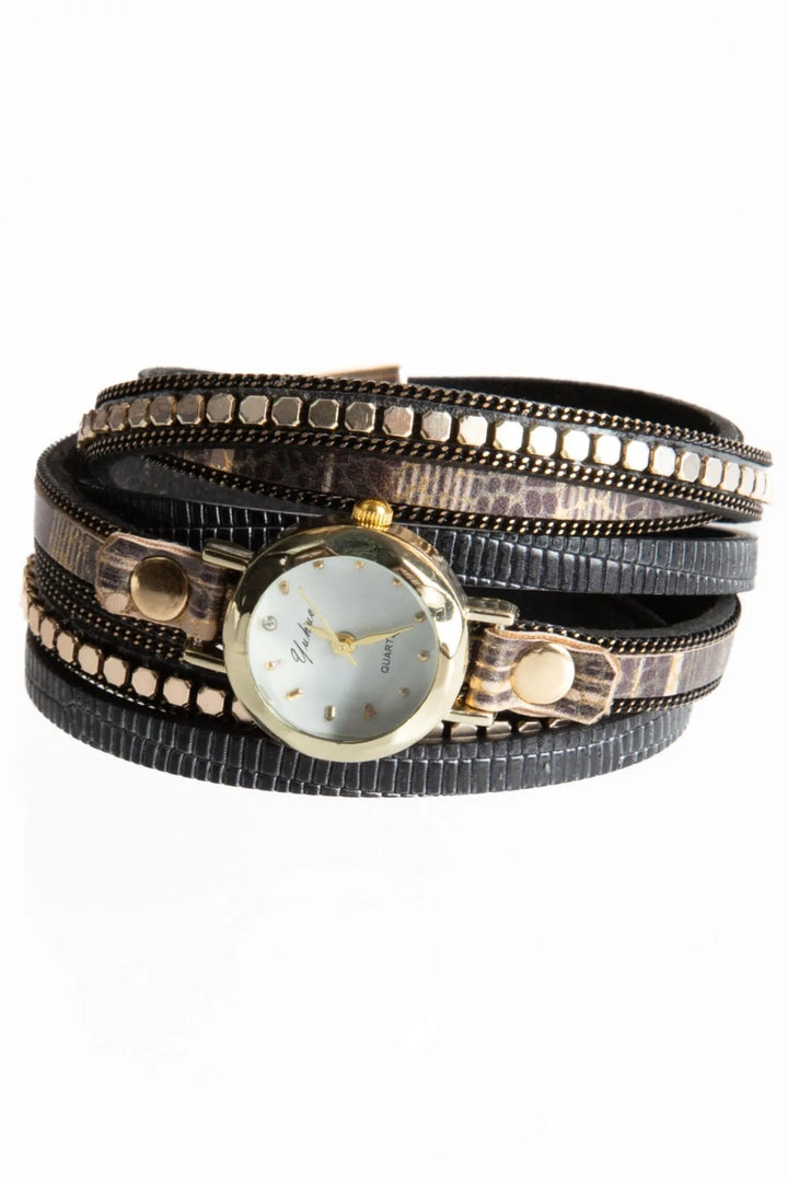 Accented Vegan Leather Wrap Bracelet Watch Black