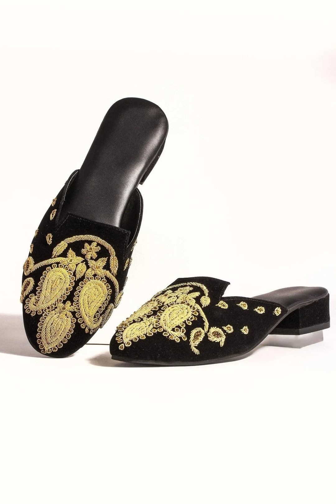 Paisley Embroidered Velvet Mule Black