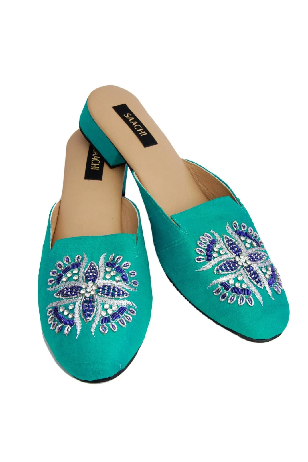 Peacock Embroidered Mule Turquoise