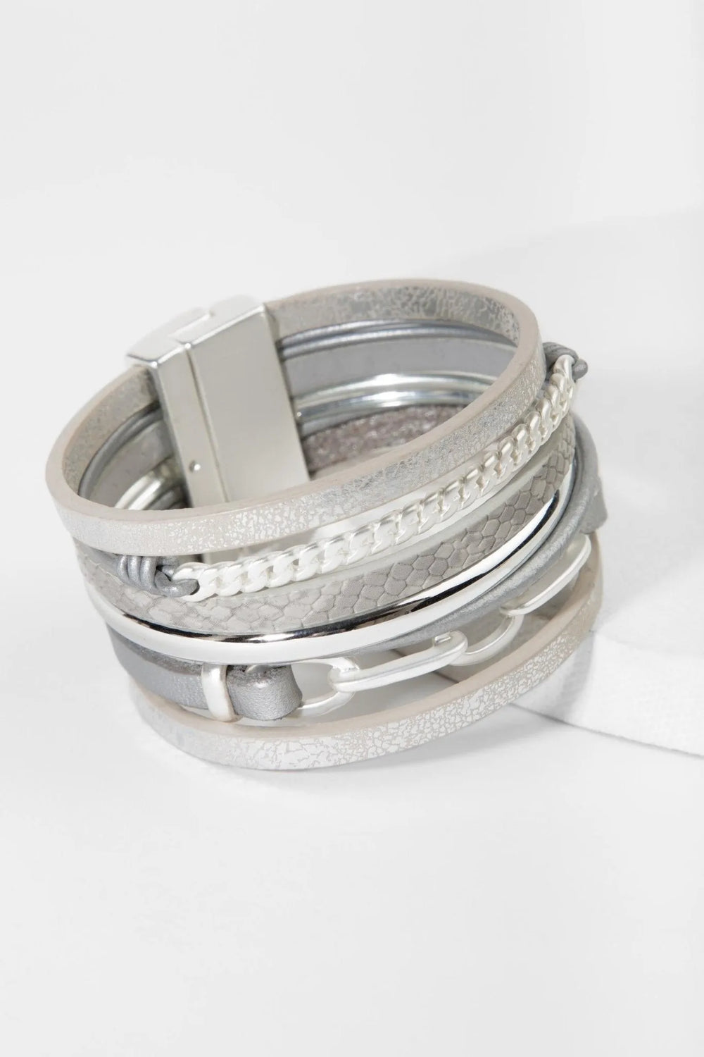 Brink Chain Link Leather Bracelet Silver