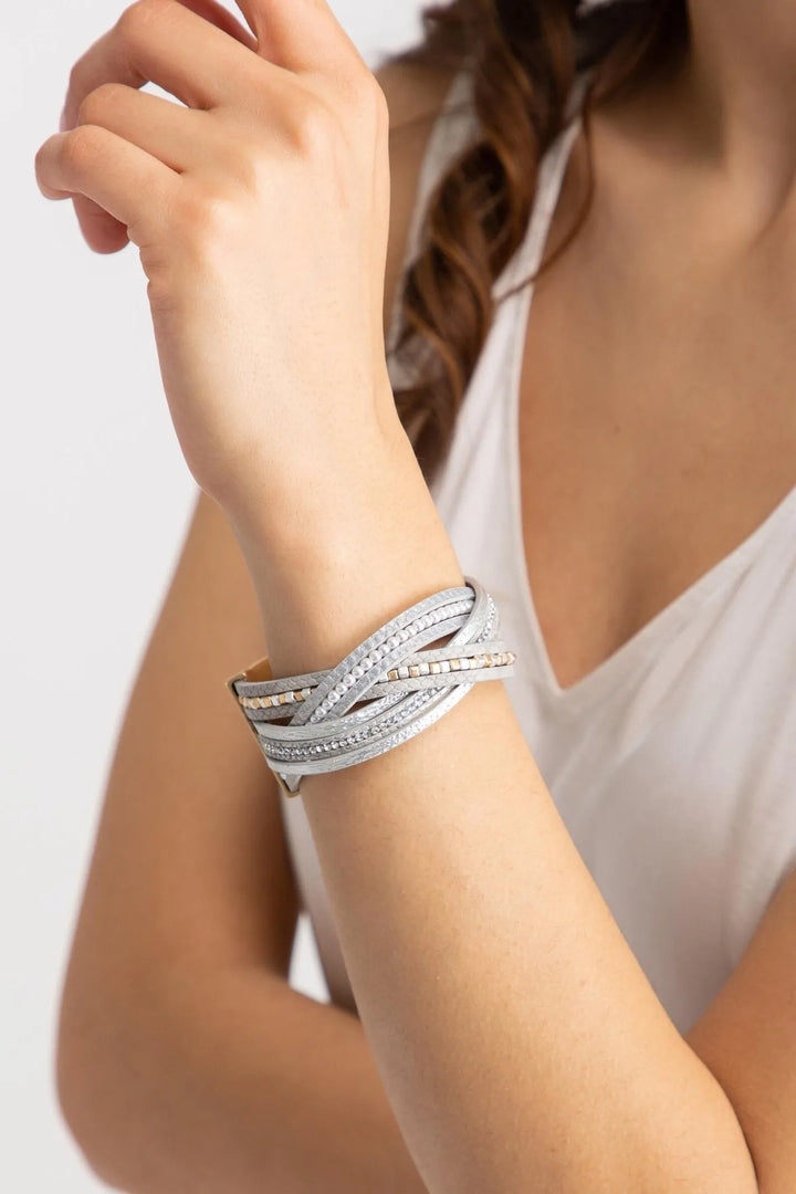 Stark Mixed Bead Leather Bracelet Silver