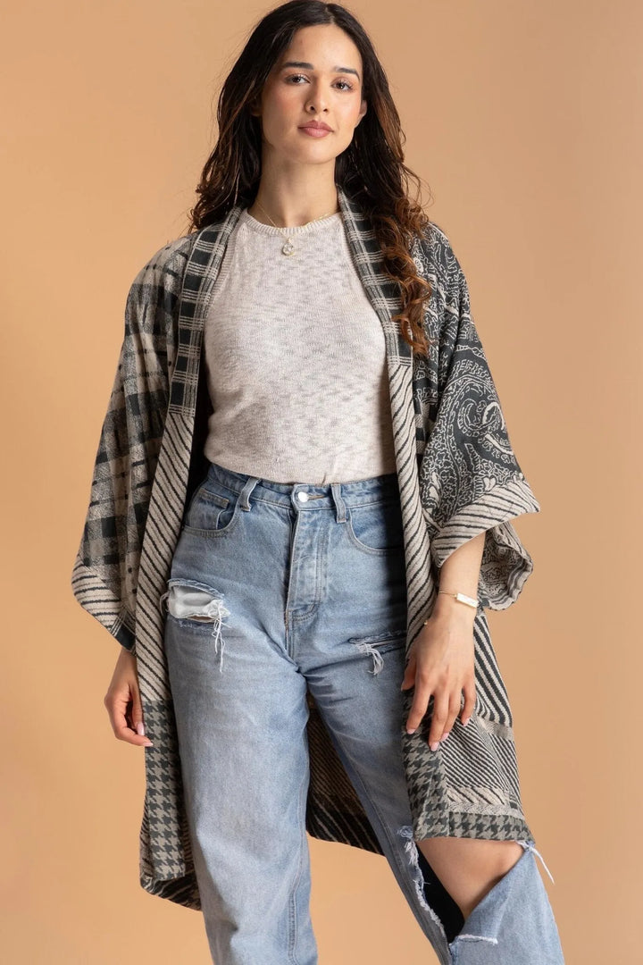 Mixed Plaid Pattern Long Jacket Blanche Dalmond