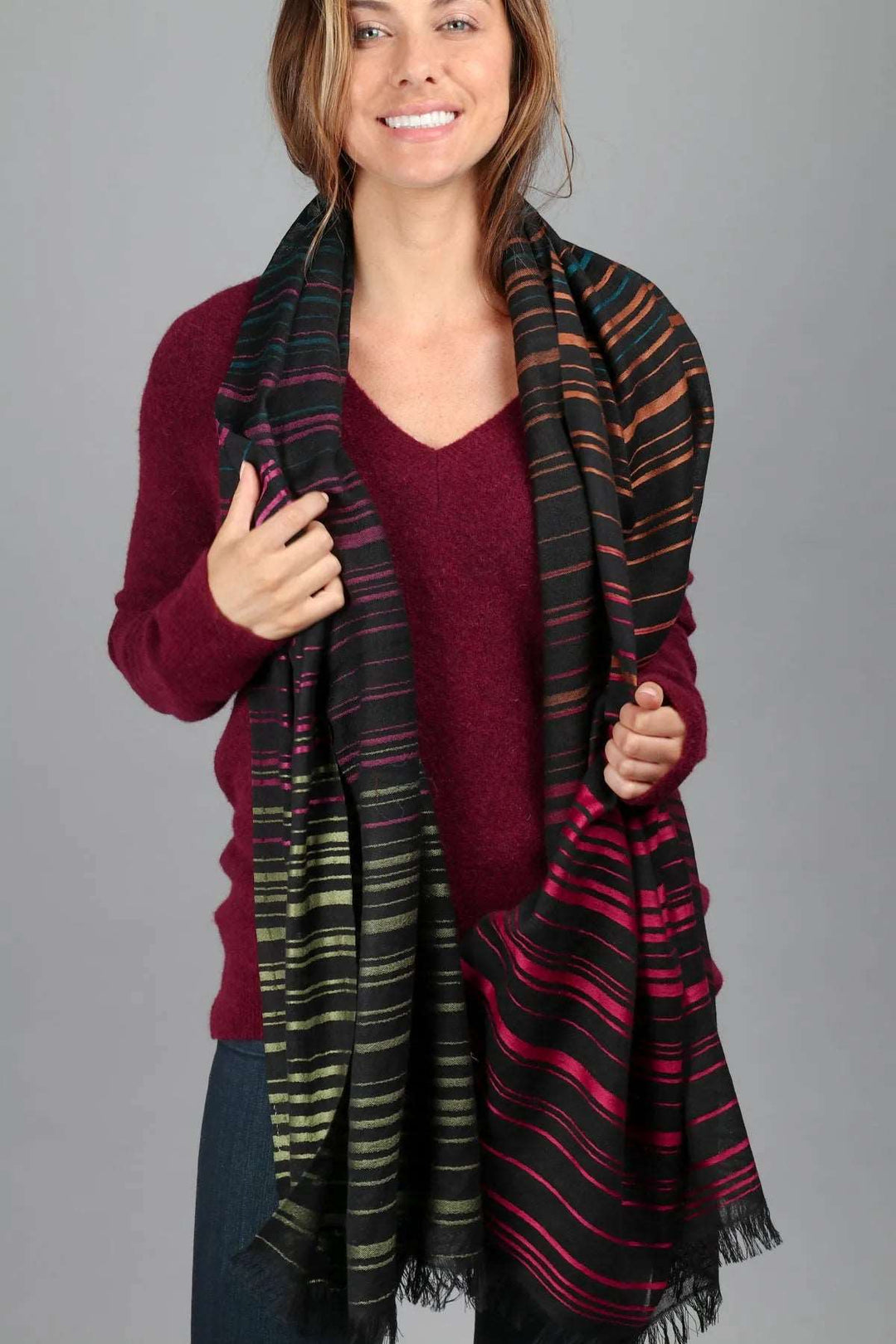 Black Multicolored Striped Scarf Black