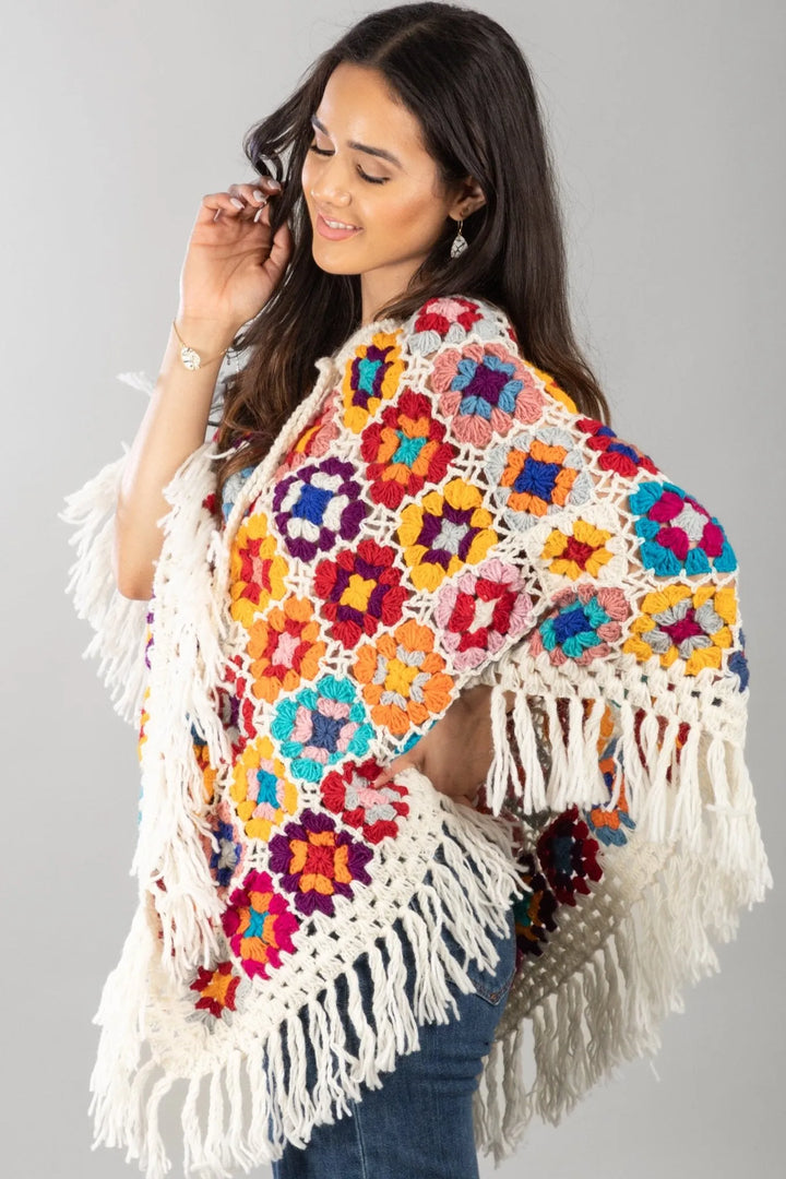 Granny Fringe Crochet Poncho White