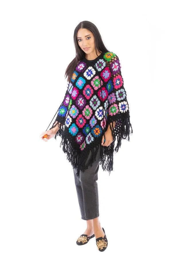 Granny Fringe Crochet Poncho Black