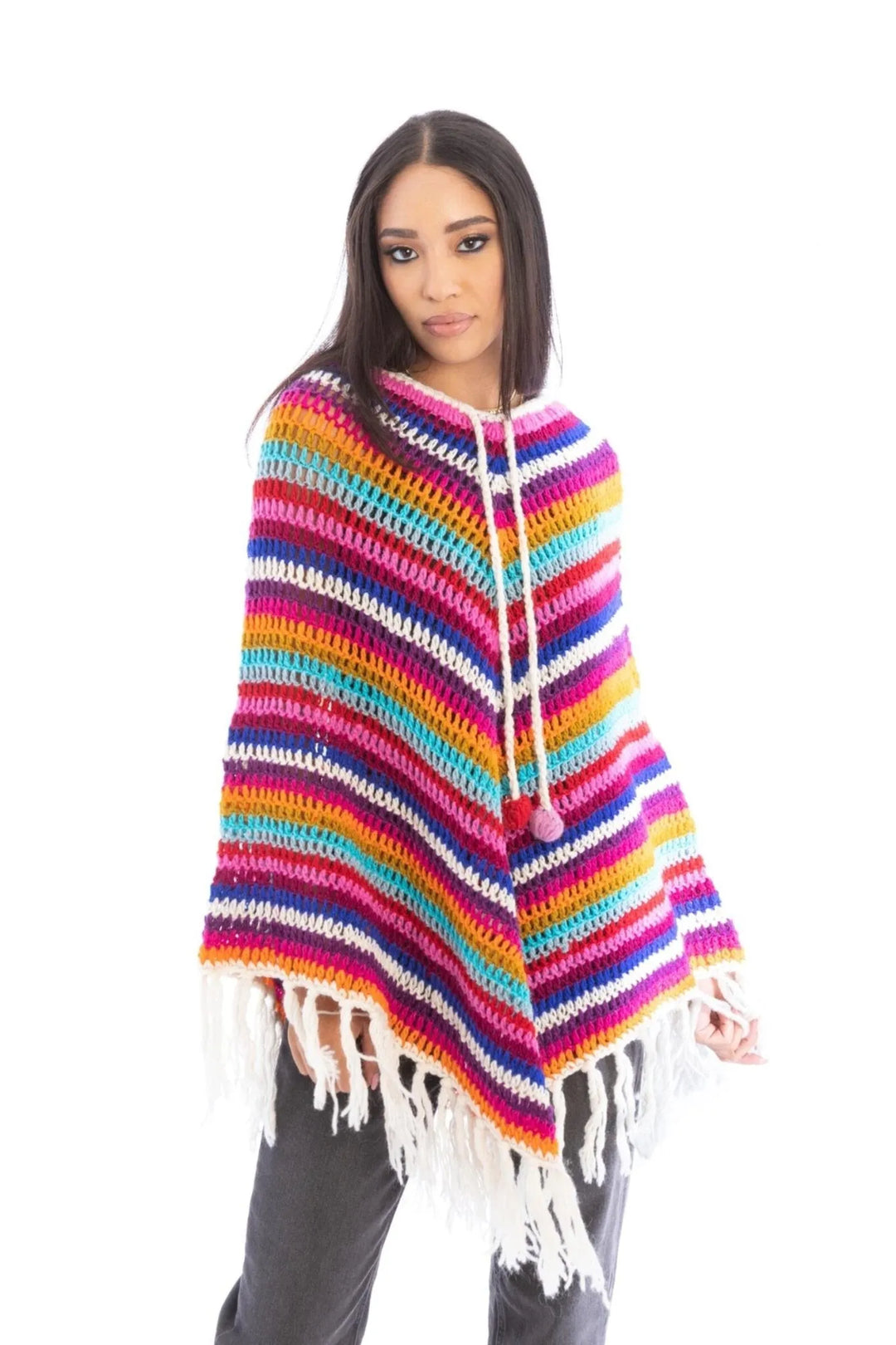 Open Weave Crochet Rainbow Poncho Dark Multi
