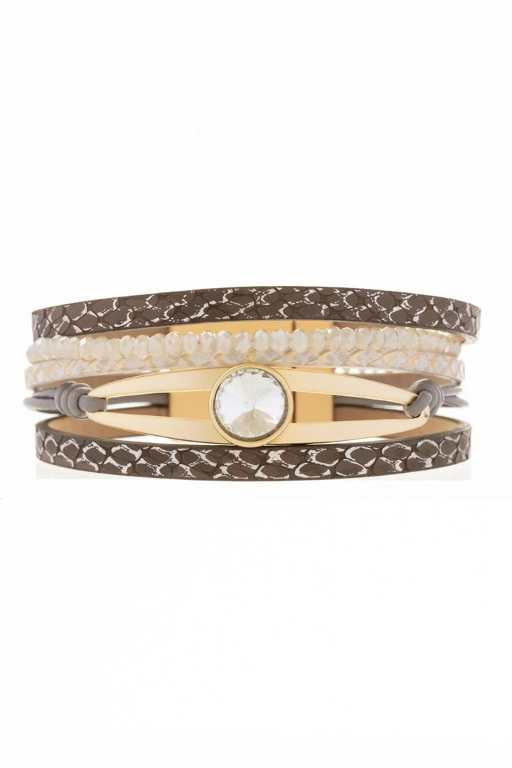 Crystal Adorned Leather Bracelet Burly Wood