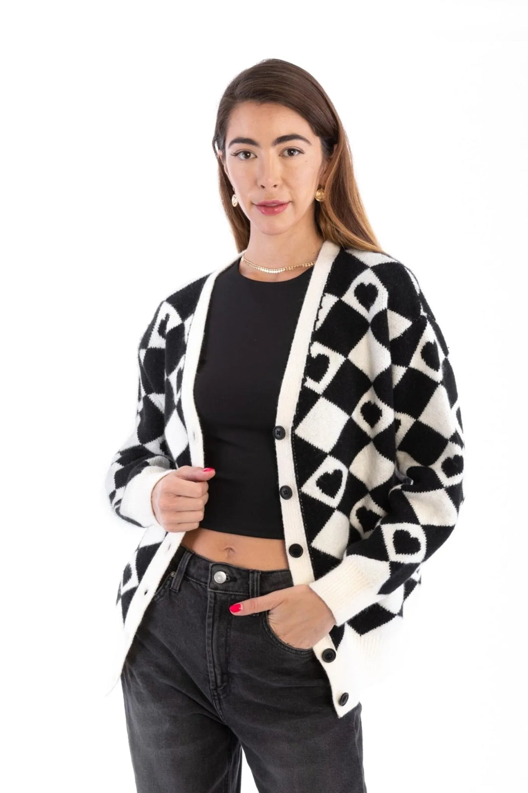 Checkered Hearts Cardigan - SAACHI - White / One Size — Fits All - Cardigan