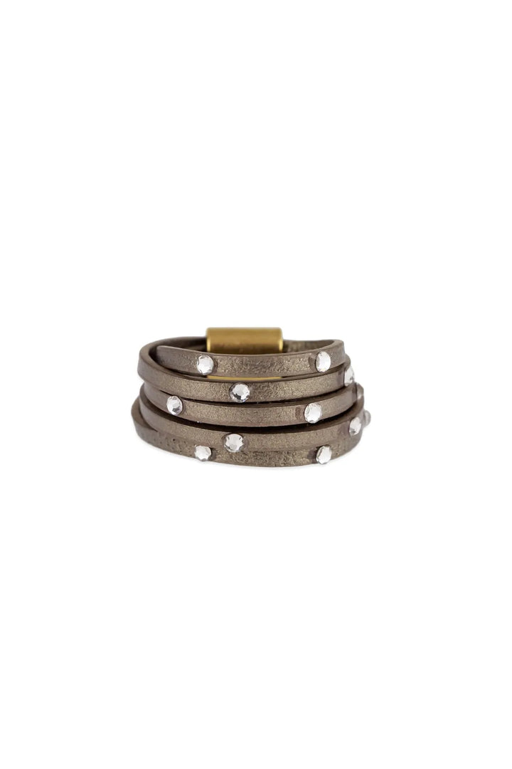 Leather Crystal Ring Dark Khaki