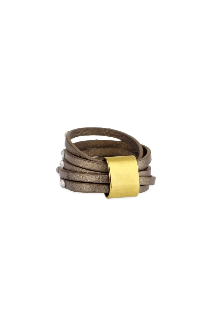 Leather Crystal Ring Dark Khaki