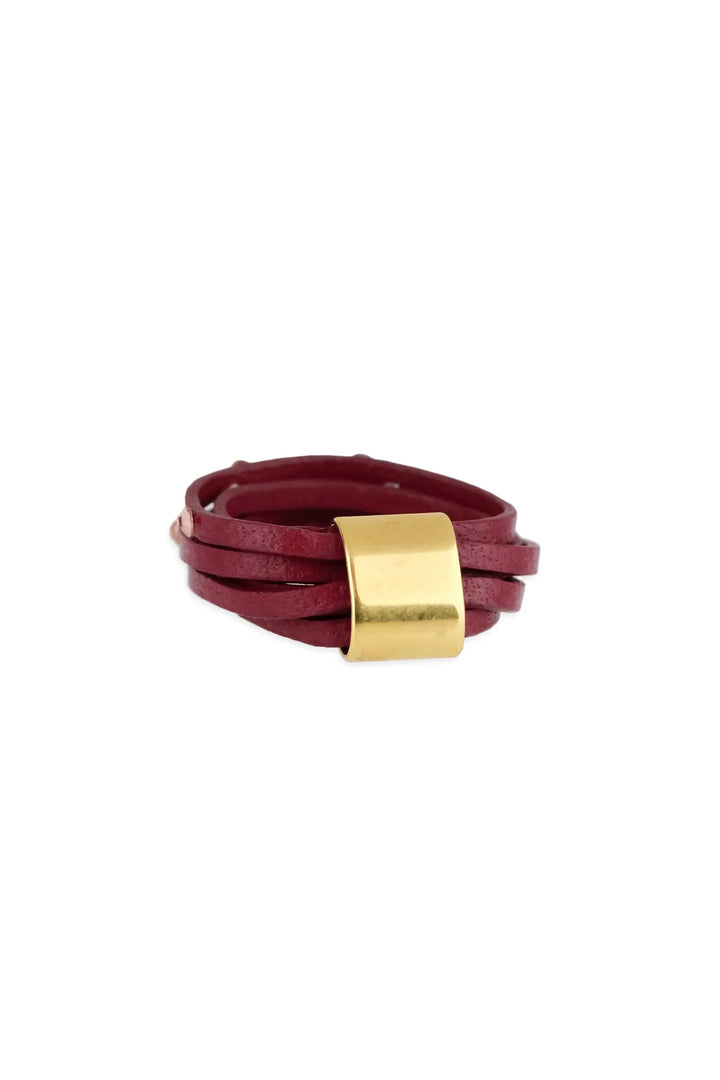 Leather Crystal Ring Dark Red