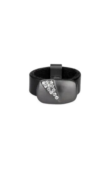 Sliced Crystal Leather Ring Black