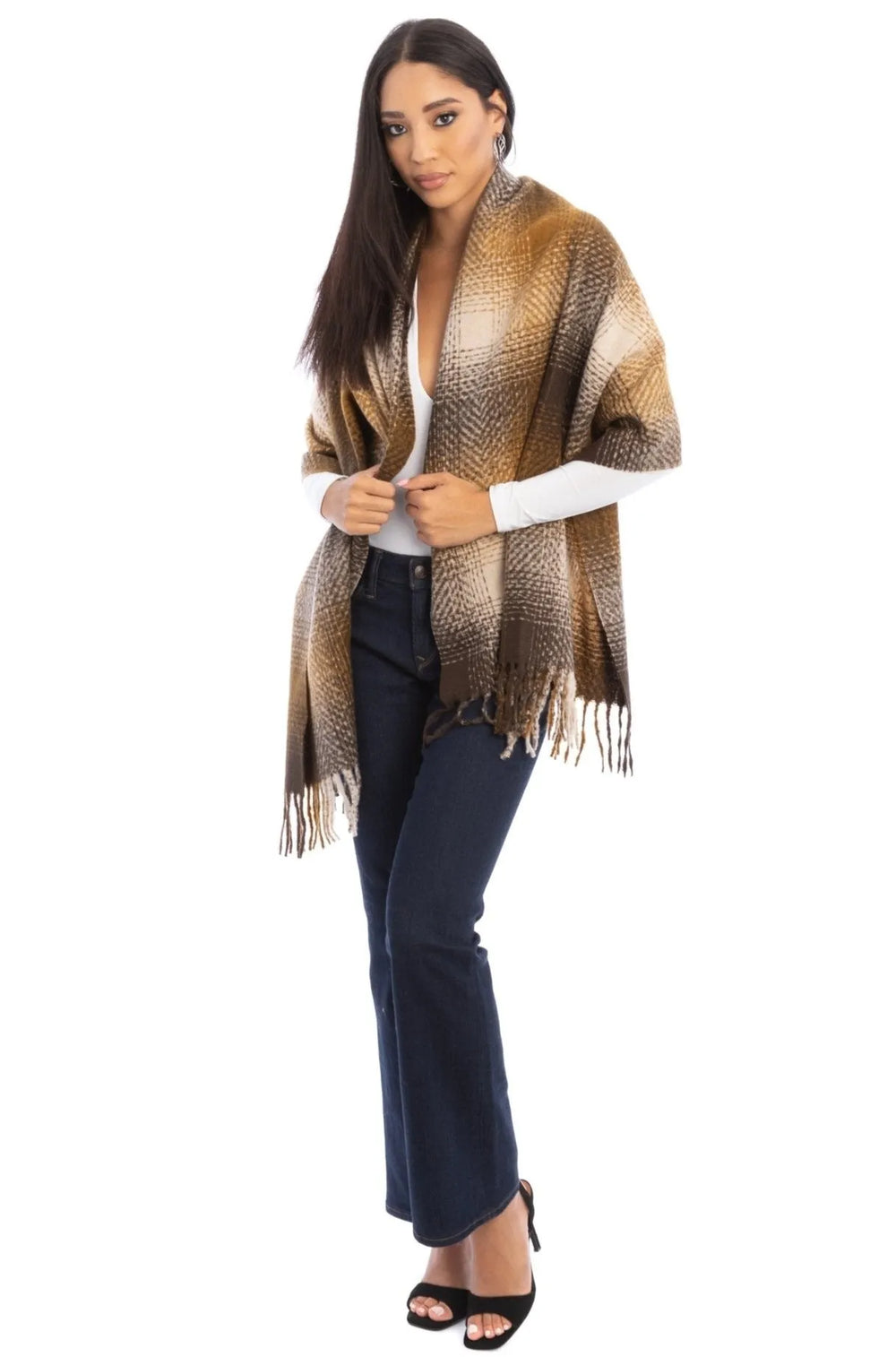 Multi Plaid Throw Scarf Saddle Brown