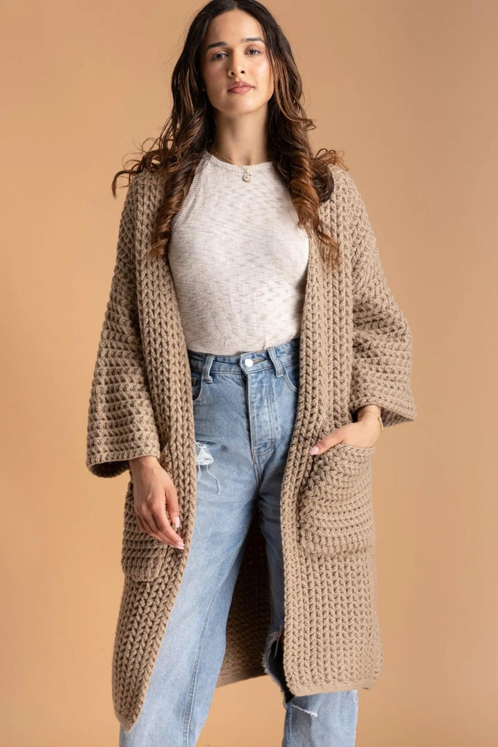 Long Sleeve Kimono Cable Knit Cardigan Tan