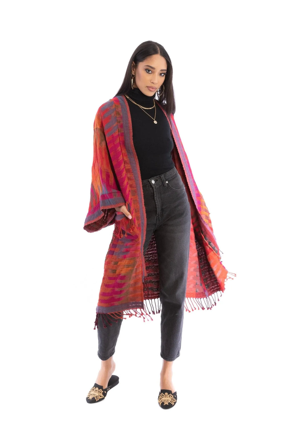 Cotton Retro Striped Fringe Long Jacket Pale Violetred