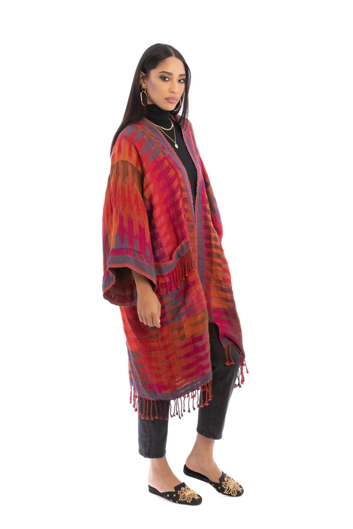 Cotton Retro Striped Fringe Long Jacket Pale Violetred