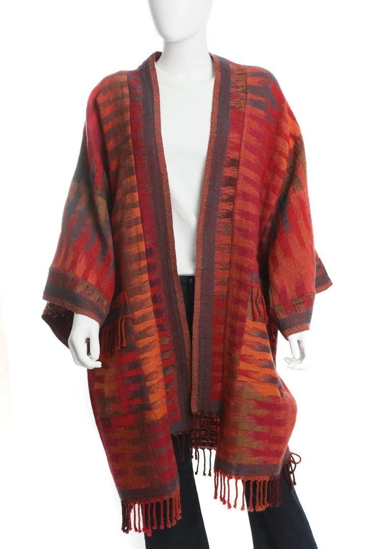 Cotton Retro Striped Fringe Long Jacket Pale Violetred