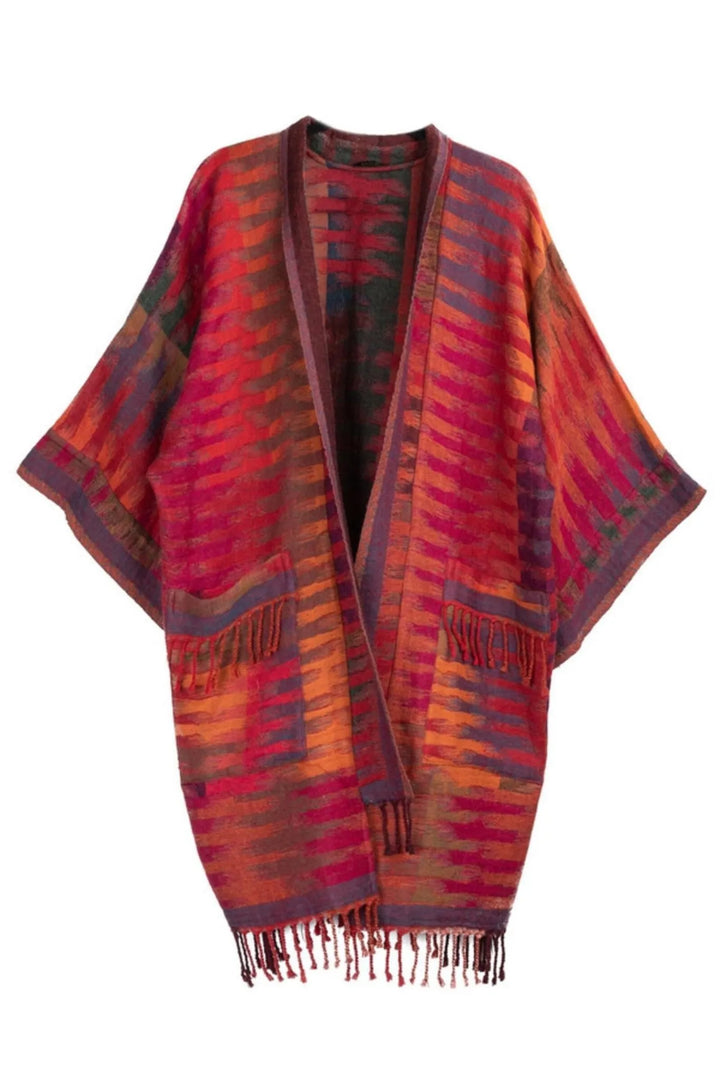 Cotton Retro Striped Fringe Long Jacket Pale Violetred