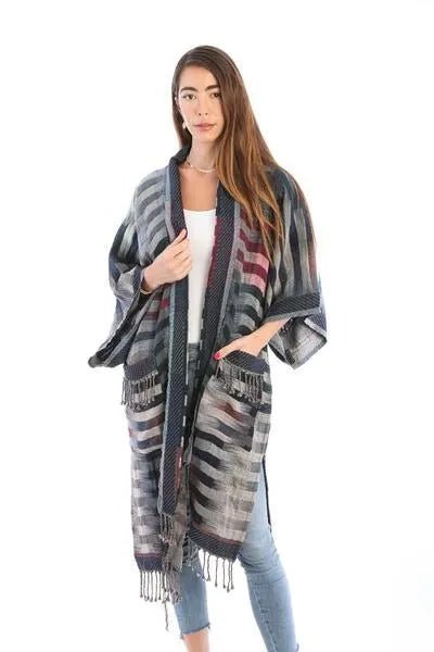 Cotton Retro Striped Fringe Long Jacket Gray