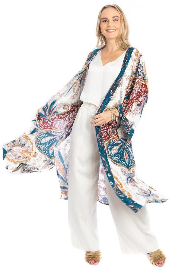 Regal Medallion Printed Midi Duster Kimono Steel Blue