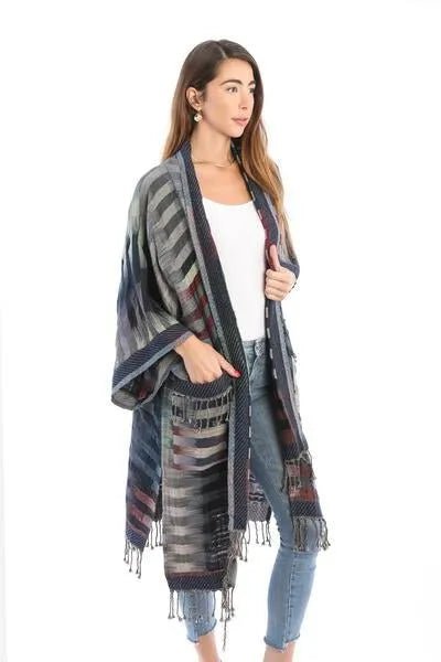 Cotton Retro Striped Fringe Long Jacket Gray