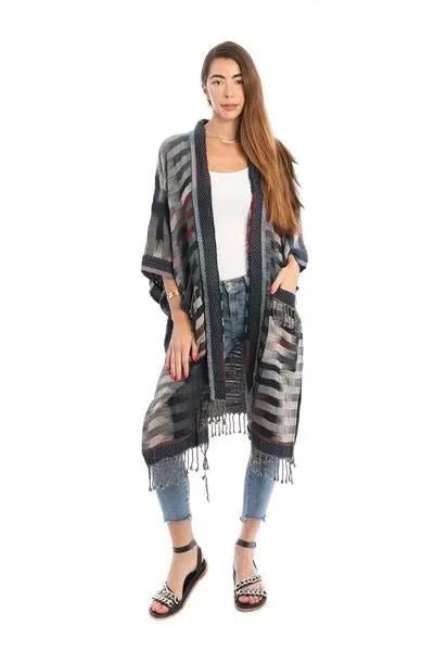 Cotton Retro Striped Fringe Long Jacket Gray